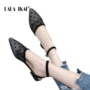 LALA IKAI Black transparent spots Pattern Women Flats Spring Summer Mesh Slip-On Dots Flat Shoes Pointed Toe XWA4010-4