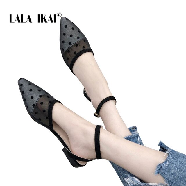 LALA IKAI Black transparent spots Pattern Women Flats Spring Summer Mesh Slip-On Dots Flat Shoes Pointed Toe XWA4010-4