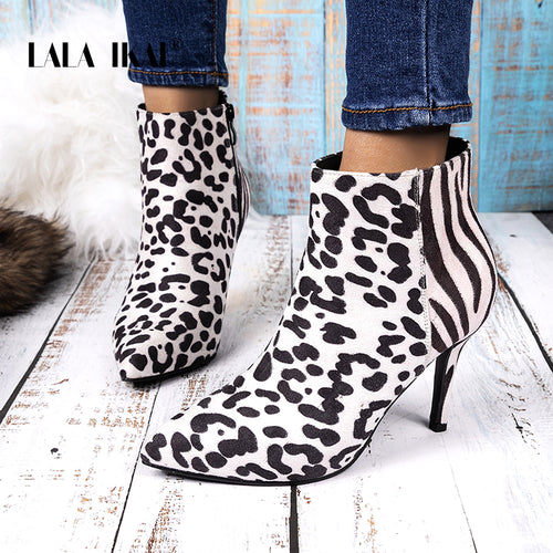 LALA IKAI Leopard Ankle Boots Women Flock Zebra Thin High Heels Short Boots Pointed Toe Sexy Party Office Shoes Woman XWC5409-4