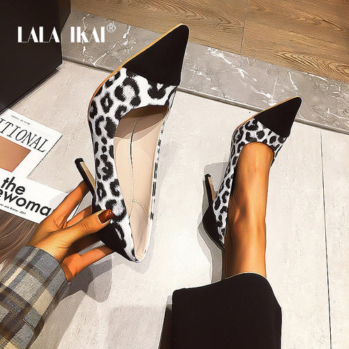 LALA IKAI Shoes Woman Spring 2020 Leopard Pattern Shallow Mouth Pumps Stiletto pointed Toe High Heels Ladies Shoes XWC6974-4