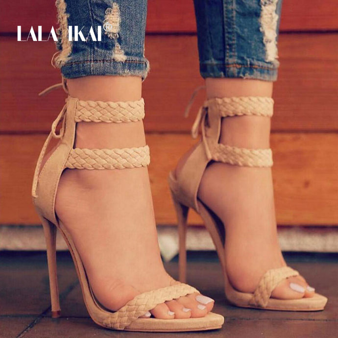 LALA IKAI Women Ankle Strap Sandals Fashion High Heels Sandal Summer Weaving Thin Heels Women Pumps Shoes Ladies 014B0174 -4