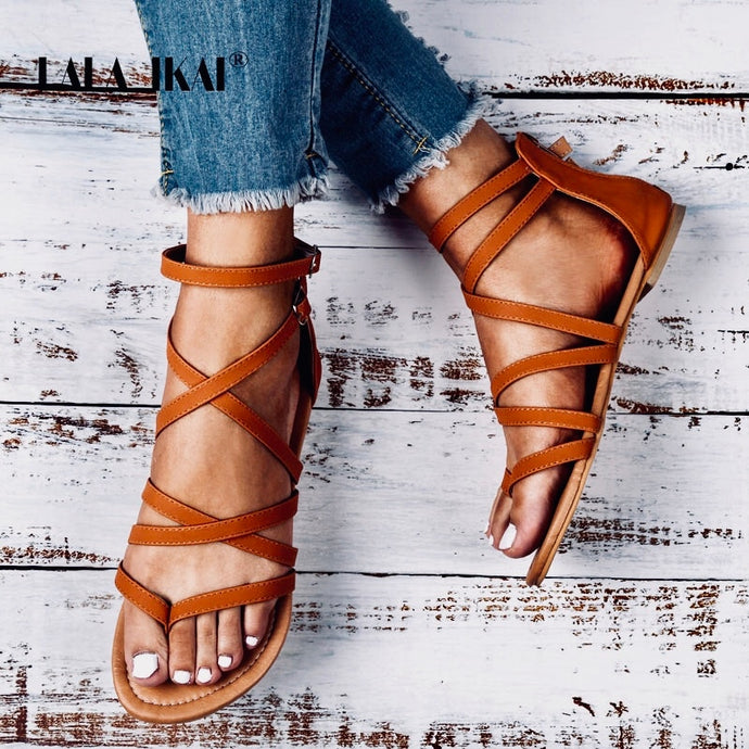 LALA IKAI Summer Women PU Sandals Narrow Band Buckle Design Cover Heel Flat With Shoes Female Gladiator Flats 014A3214-4