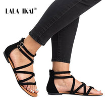 Load image into Gallery viewer, LALA IKAI Summer Women PU Sandals Narrow Band Buckle Design Cover Heel Flat With Shoes Female Gladiator Flats 014A3214-4