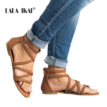 Load image into Gallery viewer, LALA IKAI Summer Women PU Sandals Narrow Band Buckle Design Cover Heel Flat With Shoes Female Gladiator Flats 014A3214-4