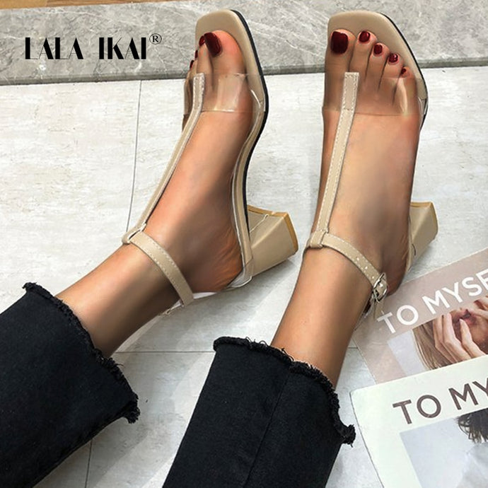 LALA IKAI Women 2020 Summer Fashion Sandals Open Toe PU Leather Transparent Buckle High Square Heels Shoes Women XWC6781-4