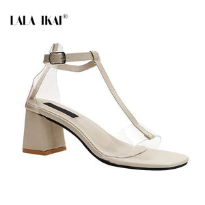LALA IKAI Women 2020 Summer Fashion Sandals Open Toe PU Leather Transparent Buckle High Square Heels Shoes Women XWC6781-4