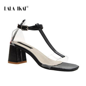 LALA IKAI Women 2020 Summer Fashion Sandals Open Toe PU Leather Transparent Buckle High Square Heels Shoes Women XWC6781-4