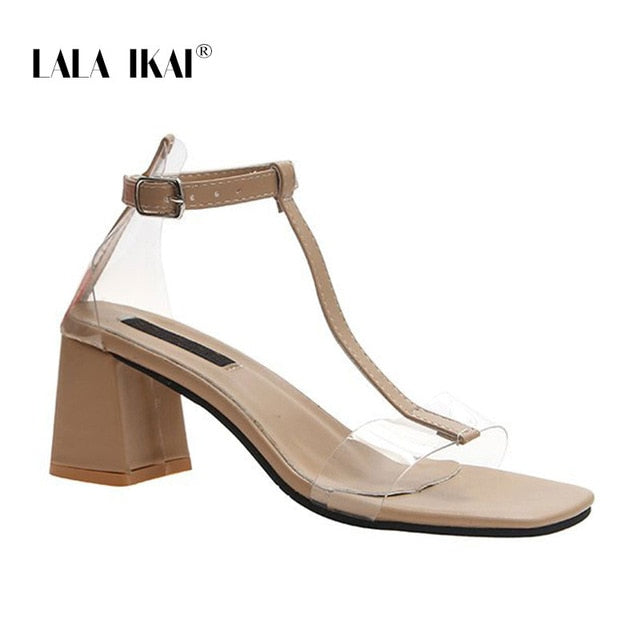 LALA IKAI Women 2020 Summer Fashion Sandals Open Toe PU Leather Transparent Buckle High Square Heels Shoes Women XWC6781-4