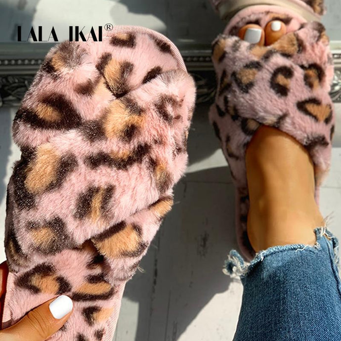 LALA IKAI Women Autumn Winter Slippers Fluffy Leopard Crisscross Flat Slippers Casual Female Indoor Home Slippers XWA10127-4