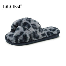 Load image into Gallery viewer, LALA IKAI Women Autumn Winter Slippers Fluffy Leopard Crisscross Flat Slippers Casual Female Indoor Home Slippers XWA10127-4