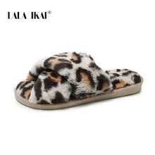 Load image into Gallery viewer, LALA IKAI Women Autumn Winter Slippers Fluffy Leopard Crisscross Flat Slippers Casual Female Indoor Home Slippers XWA10127-4