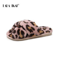 Load image into Gallery viewer, LALA IKAI Women Autumn Winter Slippers Fluffy Leopard Crisscross Flat Slippers Casual Female Indoor Home Slippers XWA10127-4