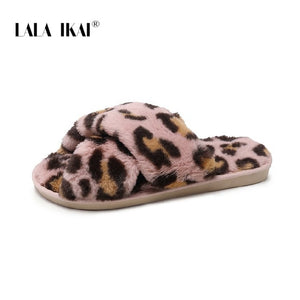 LALA IKAI Women Autumn Winter Slippers Fluffy Leopard Crisscross Flat Slippers Casual Female Indoor Home Slippers XWA10127-4