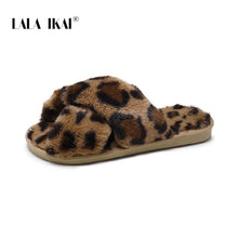 Load image into Gallery viewer, LALA IKAI Women Autumn Winter Slippers Fluffy Leopard Crisscross Flat Slippers Casual Female Indoor Home Slippers XWA10127-4