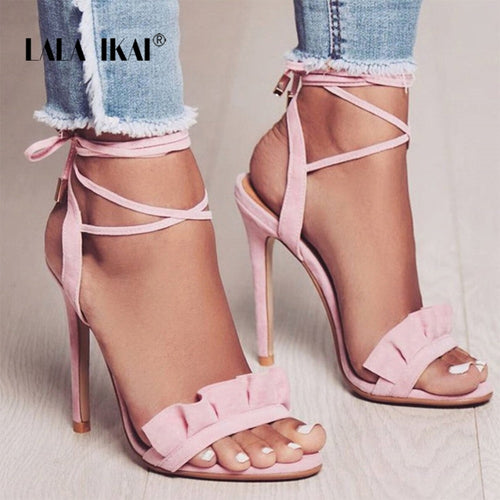 LALA IKAI Ruffle High Heels Sandals Women Cross Strappy Sandals Women Summer Shoes Woman High Sandals Heel 014C1100 -4