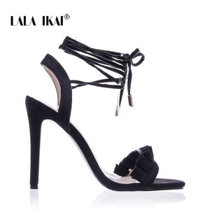 LALA IKAI Ruffle High Heels Sandals Women Cross Strappy Sandals Women Summer Shoes Woman High Sandals Heel 014C1100 -4