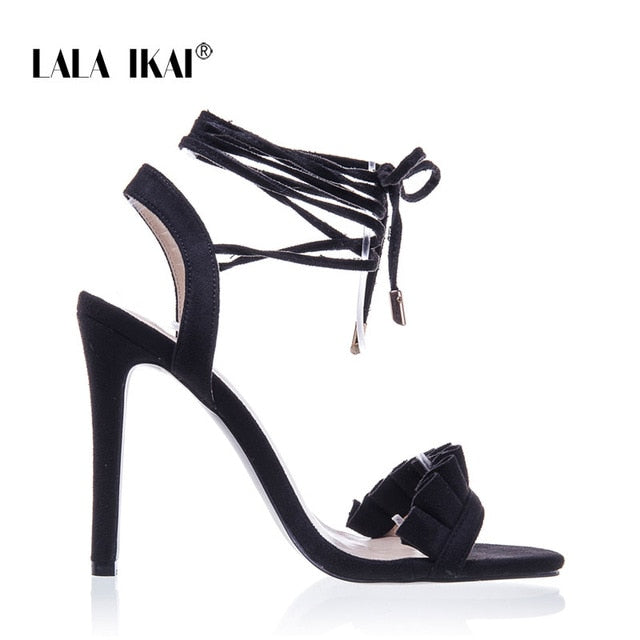 LALA IKAI Ruffle High Heels Sandals Women Cross Strappy Sandals Women Summer Shoes Woman High Sandals Heel 014C1100 -4