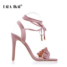 Load image into Gallery viewer, LALA IKAI Ruffle High Heels Sandals Women Cross Strappy Sandals Women Summer Shoes Woman High Sandals Heel 014C1100 -4