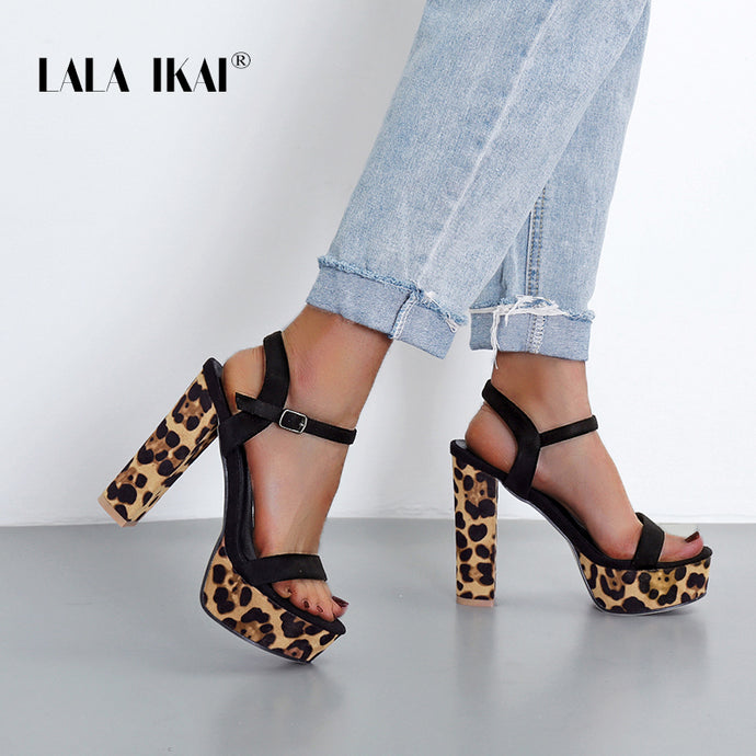 LALA IKAI Women Sandals Summer Block 12 CM Super High Heels Buckle Platform Sexy Leopard Sandals Zapatos de mujer XWC6877-4