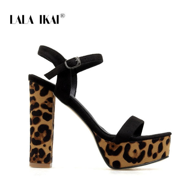LALA IKAI Women Sandals Summer Block 12 CM Super High Heels Buckle Platform Sexy Leopard Sandals Zapatos de mujer XWC6877-4