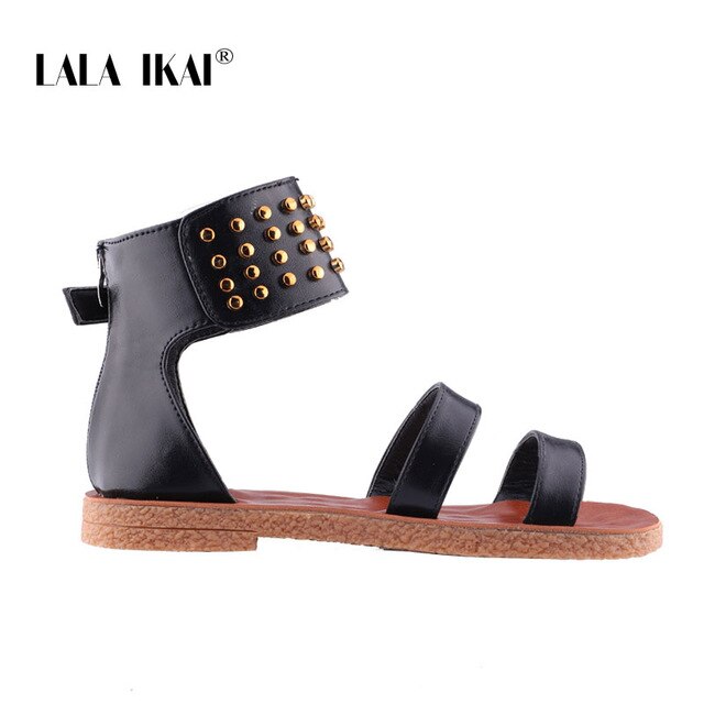 LALA IKAI Women Sandals Summer Outside Gladiator Ladies Flat Sandals Rivet Flock Cover Heel Zipper Female Sandalias 014A3607-4