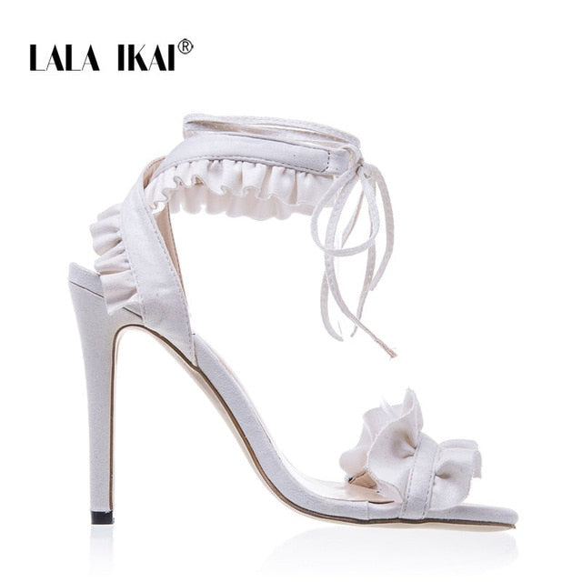LALA IKAI Cross Bandage High Heels Sandals Women Pumps Thin Heel Ruffle Lace-Up Summer Shoes Fashion pompes de femme 014C1101-45