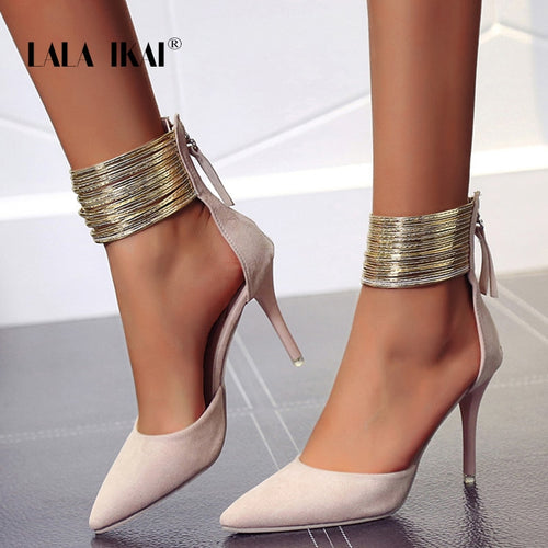 LALA IKAI 2020 Women Sandals Ankle High Thin Heels Pointed Toe Lace-up Party Wedding  Design Summer Women Shoes  XWC6501-4