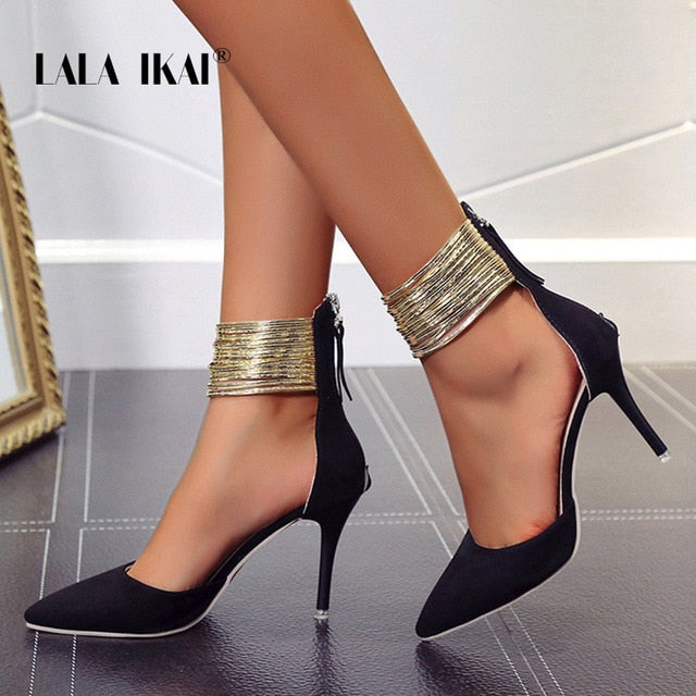 LALA IKAI 2020 Women Sandals Ankle High Thin Heels Pointed Toe Lace-up Party Wedding  Design Summer Women Shoes  XWC6501-4