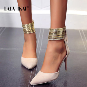 LALA IKAI 2020 Women Sandals Ankle High Thin Heels Pointed Toe Lace-up Party Wedding  Design Summer Women Shoes  XWC6501-4