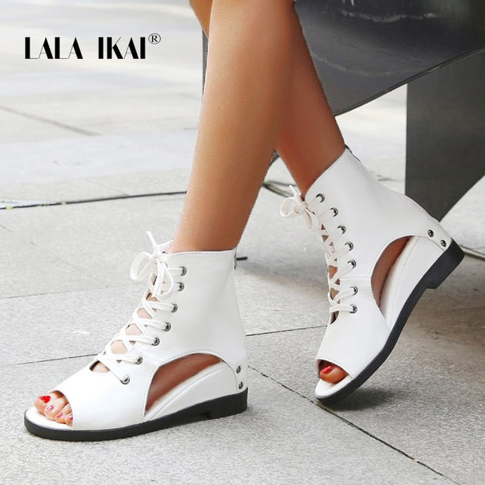 LALA IKAI Women Sandals Summer Sexy Wild Peep Toe Mesh Gauze Hollow Slope PU Leather Fashion Wild Roman Sandals XWA11019-4