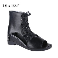 Load image into Gallery viewer, LALA IKAI Women Sandals Summer Sexy Wild Peep Toe Mesh Gauze Hollow Slope PU Leather Fashion Wild Roman Sandals XWA11019-4