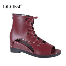 Load image into Gallery viewer, LALA IKAI Women Sandals Summer Sexy Wild Peep Toe Mesh Gauze Hollow Slope PU Leather Fashion Wild Roman Sandals XWA11019-4