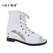 Load image into Gallery viewer, LALA IKAI Women Sandals Summer Sexy Wild Peep Toe Mesh Gauze Hollow Slope PU Leather Fashion Wild Roman Sandals XWA11019-4