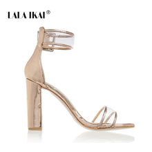Load image into Gallery viewer, LALA IKAI Woman Sandals Gold Metallic Clear Strap High Heels Fashion Transparent Summer Shoes Women Pump 900C0724 -4