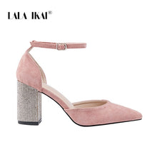 Load image into Gallery viewer, LALA IKAI Wedding Shoes Woman 2020 Pointed Toe Square Crystal Bling High Heels Shoes Buckle Shallow Sandal Party Pumps XWC6736-4