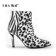 Load image into Gallery viewer, LALA IKAI Leopard Ankle Boots Women Flock Zebra Thin High Heels Short Boots Pointed Toe Sexy Party Office Shoes Woman XWC5409-4