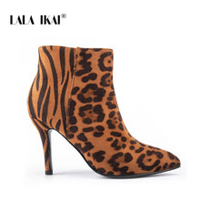 Load image into Gallery viewer, LALA IKAI Leopard Ankle Boots Women Flock Zebra Thin High Heels Short Boots Pointed Toe Sexy Party Office Shoes Woman XWC5409-4