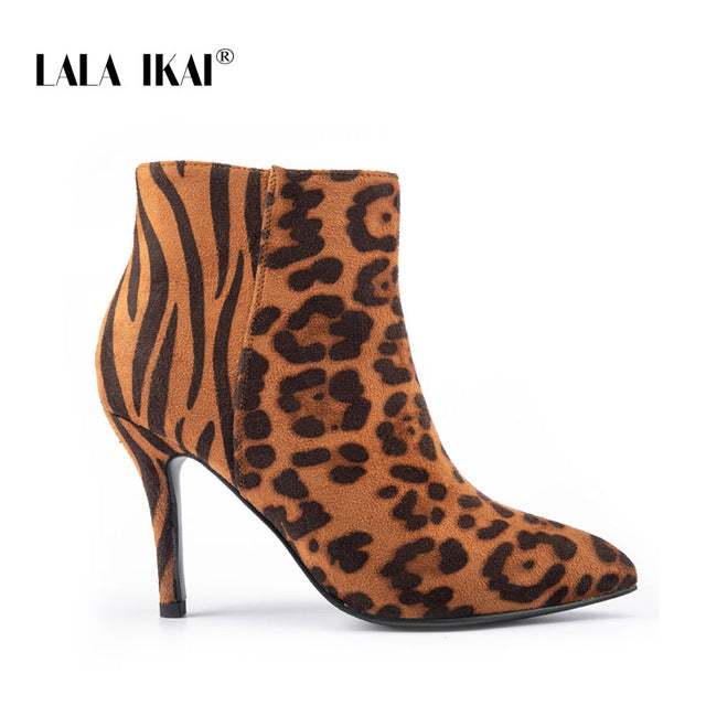 LALA IKAI Leopard Ankle Boots Women Flock Zebra Thin High Heels Short Boots Pointed Toe Sexy Party Office Shoes Woman XWC5409-4