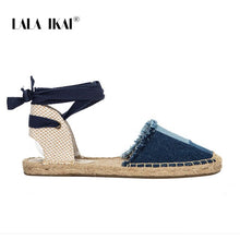 Load image into Gallery viewer, LALA IKAI Ladies Espadrille Shoes Canvas Patchwork Rome Ankle Strap Hemps Flats With Lightweight Shoes Women 014A1993 -4