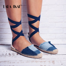 Load image into Gallery viewer, LALA IKAI Ladies Espadrille Shoes Canvas Patchwork Rome Ankle Strap Hemps Flats With Lightweight Shoes Women 014A1993 -4