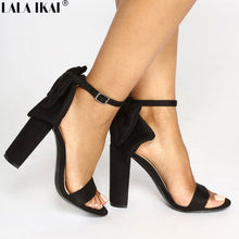 Load image into Gallery viewer, LALA IKAI Women Flock Buckle Strap Party Wedding Sandals Ladies Square Heels Butterfly-knot Decoration Summer Shoes 014C1889-5