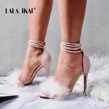 Load image into Gallery viewer, LALA IKAI Ankle Strap Sandals Women High Heels Summer Sexy Party Shoes Fur Flock Lace-Up Square Heels Sandalie 014C3569-45