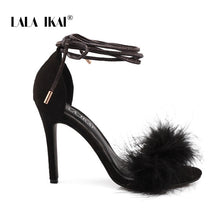 Load image into Gallery viewer, LALA IKAI Ankle Strap Sandals Women High Heels Summer Sexy Party Shoes Fur Flock Lace-Up Square Heels Sandalie 014C3569-45