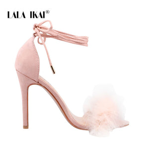 LALA IKAI Ankle Strap Sandals Women High Heels Summer Sexy Party Shoes Fur Flock Lace-Up Square Heels Sandalie 014C3569-45