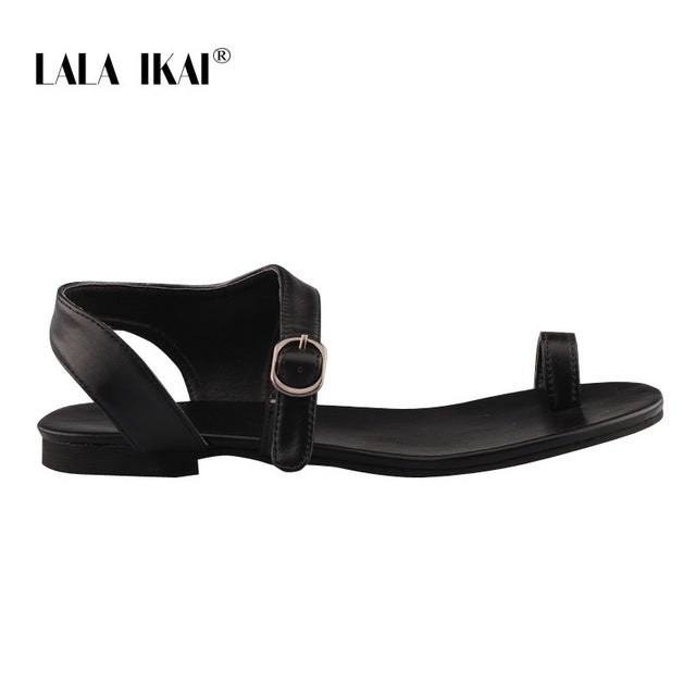 LALA IKAI Women Sandals Summer Outside Beach Buckle Strap PU Leather Gladiator Ladies Flat Sandals Female Sandalias 014A3362-45