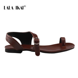 LALA IKAI Women Sandals Summer Outside Beach Buckle Strap PU Leather Gladiator Ladies Flat Sandals Female Sandalias 014A3362-45