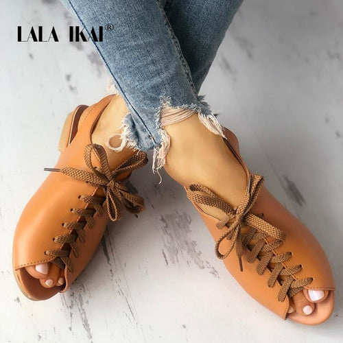 LALA IKAI Lace Up Sandals Women Summer Casual Peep Toe Flats Shoes Woman PU Leather Back Strap Low Heels Sandalie 014A3794-4