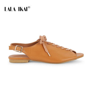 LALA IKAI Lace Up Sandals Women Summer Casual Peep Toe Flats Shoes Woman PU Leather Back Strap Low Heels Sandalie 014A3794-4
